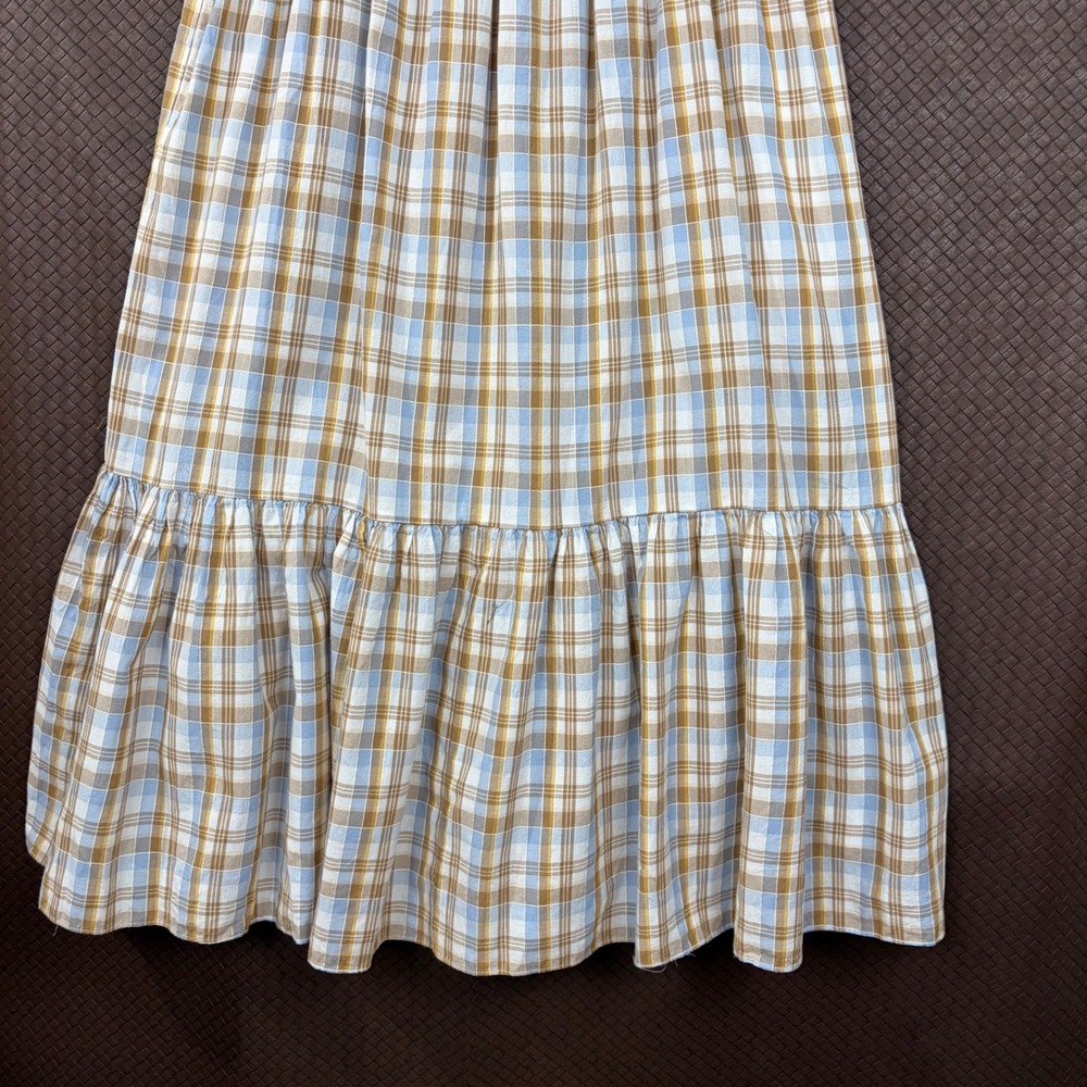 Madewell Plaid Ruffle Strap Smocked Midi Dress Blue Brown NF904 Size 10 - Picture 10 of 14